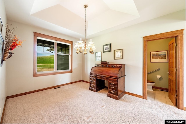 22 Pleasant Valley Ln, Sheridan, WY 82801 - office area featuring light colored carpet, baseboards, a chandelier, and a raised ceiling