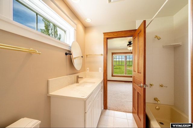 22 Pleasant Valley Ln, Sheridan, WY 82801 - bathroom with vanity, shower / bathtub combination, tile patterned flooring, toilet, and ceiling fan