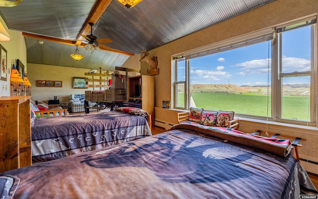 30 Nielsen Trl, Cody, WY 82414 - bedroom with a baseboard radiator, vaulted ceiling, wood finished floors, and wood ceiling