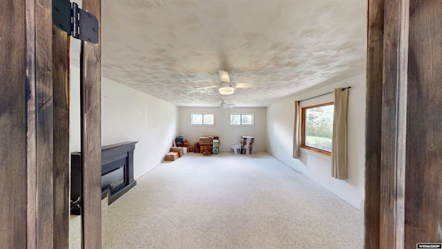 737 Cascade St, Lander, WY 82520 - spare room featuring carpet, a ceiling fan, and a glass covered fireplace
