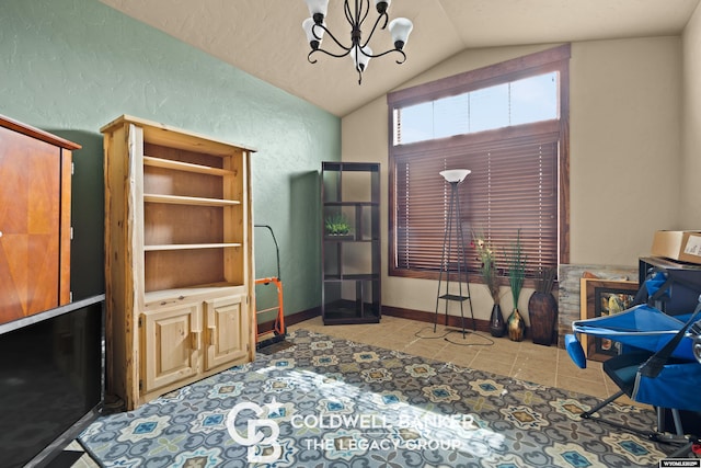 972 Cornwall St, Casper, WY 82609 - office area featuring vaulted ceiling, a chandelier, tile patterned floors, a textured wall, and baseboards
