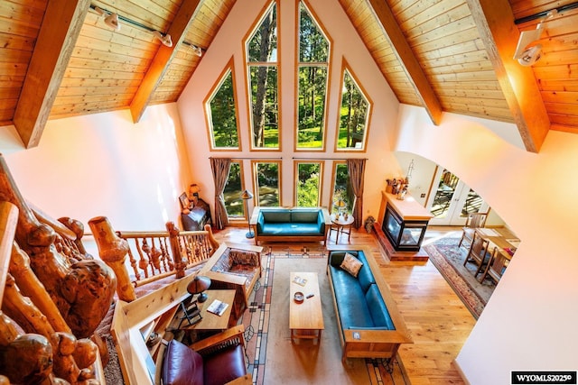 43 Fish Hatchery Rd, Story, WY 82842 - living room featuring wood ceiling with exposed beams, high vaulted ceiling, hardwood / wood-style flooring, and a glass covered fireplace