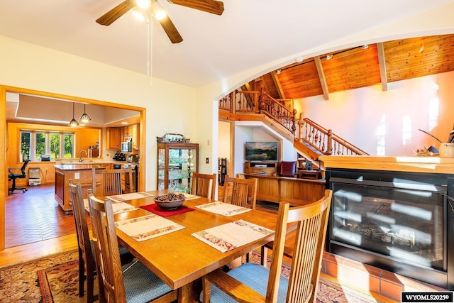 43 Fish Hatchery Rd, Story, WY 82842 - dining space with wood finished floors, ceiling fan, and stairs