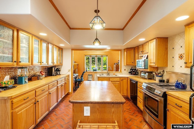 43 Fish Hatchery Rd, Story, WY 82842 - kitchen with stainless steel appliances, wooden counters, a sink, decorative backsplash, and ornamental molding