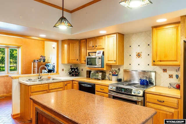 43 Fish Hatchery Rd, Story, WY 82842 - kitchen featuring a sink, stainless steel appliances, a peninsula, crown molding, and light countertops