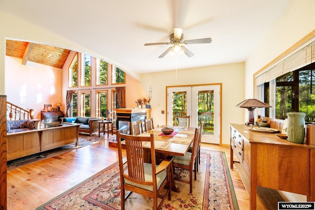 43 Fish Hatchery Rd, Story, WY 82842 - dining space with french doors, light wood finished floors, ceiling fan, and wooden ceiling