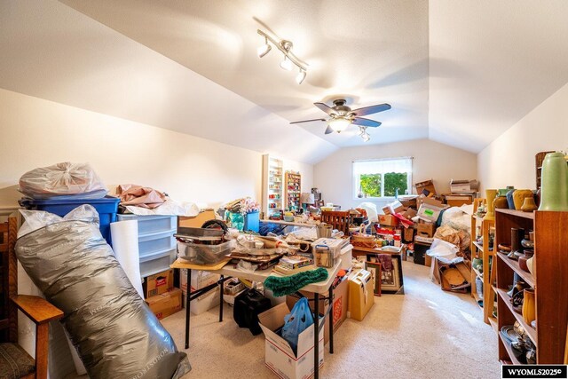 43 Fish Hatchery Rd, Story, WY 82842 - additional living space with vaulted ceiling, carpet floors, and a ceiling fan