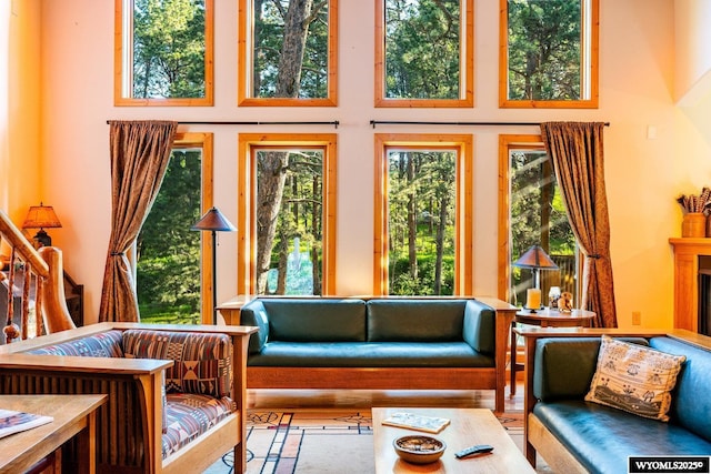 43 Fish Hatchery Rd, Story, WY 82842 - living area featuring a towering ceiling and a fireplace