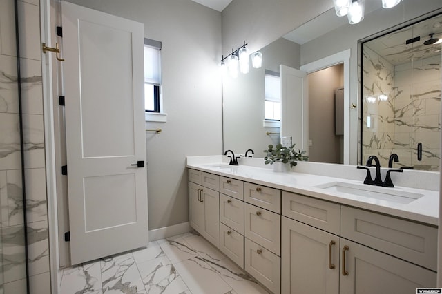 3685 Timber Wolf Ct, Casper, WY 82604 - full bathroom with marble look tiles, double vanity, a marble finish shower, and baseboards