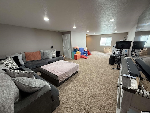 1765 New Mexico St, Green River, WY 82935 - living area featuring recessed lighting, carpet, a textured ceiling, plenty of natural light, and baseboards