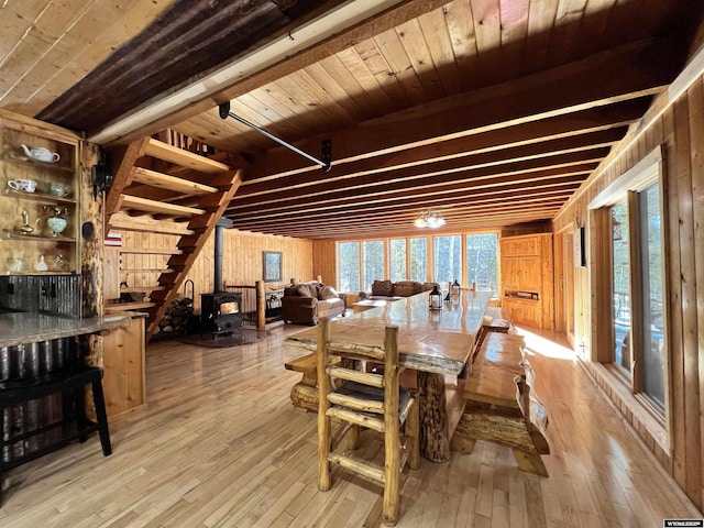 10096 S Cantrell Rd, Casper, WY 82601 - dining area featuring a wood stove, wood walls, wood-type flooring, and wooden ceiling with exposed beams