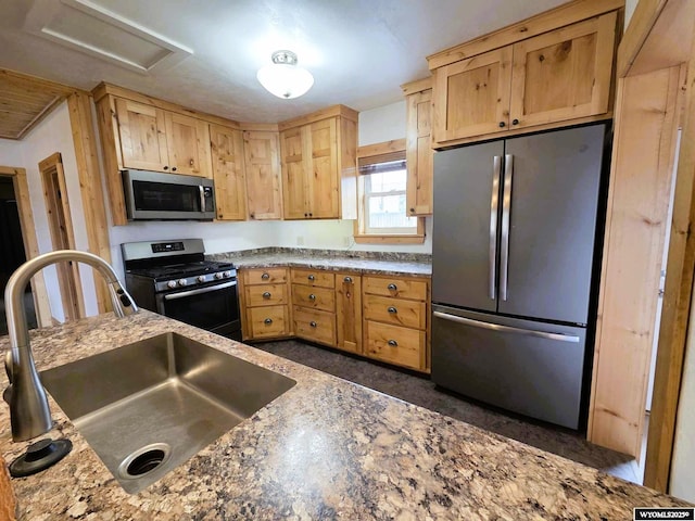 311 3rd St, Ten Sleep, WY 82442 - kitchen with appliances with stainless steel finishes, a sink, light brown cabinetry, and light stone countertops