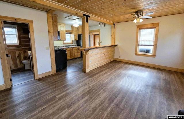 311 3rd St, Ten Sleep, WY 82442 - kitchen with stove, a peninsula, wood ceiling, healthy amount of natural light, and ceiling fan