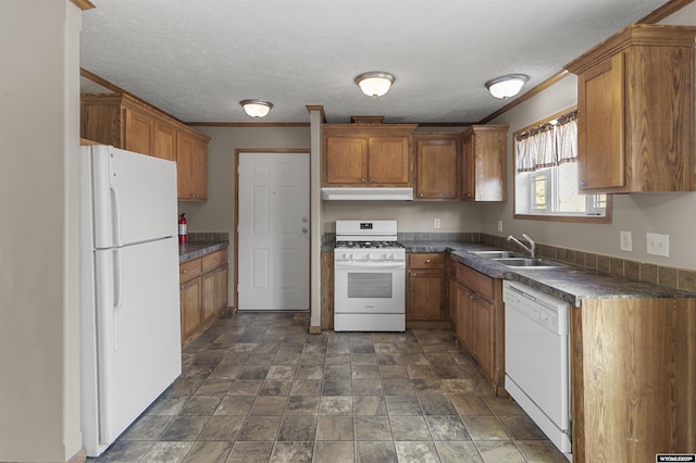 1673 Troy, Kemmerer, WY 83101 - kitchen featuring white appliances, range hood, a sink, brown cabinetry, and ornamental molding