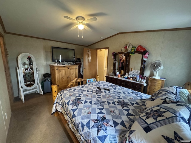 177 Marlatt, Shoshoni, WY 82649 - bedroom featuring vaulted ceiling, carpet, ceiling fan, and crown molding
