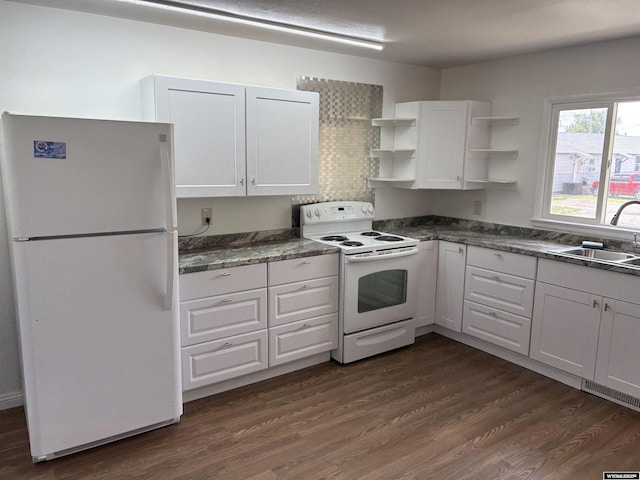 808 E Adams Ave, Riverton, WY 82501 - kitchen with white appliances, a sink, open shelves, and white cabinets