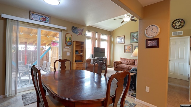 1141 Meadow Ln, Douglas, WY 82633 - dining area featuring a ceiling fan, lofted ceiling, and baseboards