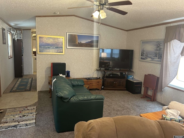 608 Navy Row, Midwest, WY 82643 - carpeted living area with a textured ceiling, vaulted ceiling, ceiling fan, and ornamental molding