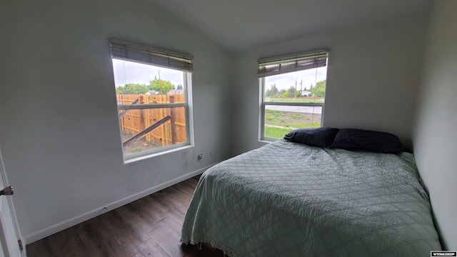 307 3rd St, Chugwater, WY 82210 - bedroom featuring multiple windows, lofted ceiling, dark wood-style floors, and baseboards