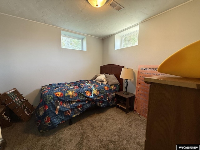210 N 5th St W, Riverton, WY 82501 - bedroom featuring carpet floors, multiple windows, a textured ceiling, and ornamental molding
