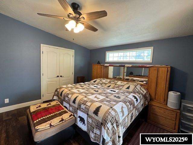 309 Susie Ave, Diamondville, WY 83116 - bedroom featuring wood finished floors, lofted ceiling, a closet, and ceiling fan