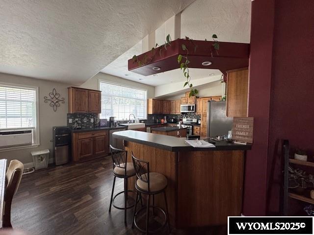 309 Susie Ave, Diamondville, WY 83116 - kitchen with stainless steel appliances, a textured ceiling, healthy amount of natural light, and dark countertops