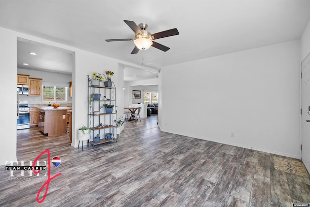 67 Monument Creek Rd, Hanna, WY 82327 - living area featuring dark wood-style flooring, ceiling fan, and recessed lighting
