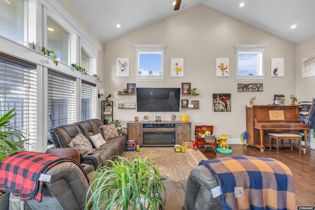 3308 Brickyard Ave, Rock Springs, WY 82901 - living room with wood finished floors, healthy amount of natural light, high vaulted ceiling, recessed lighting, and ceiling fan