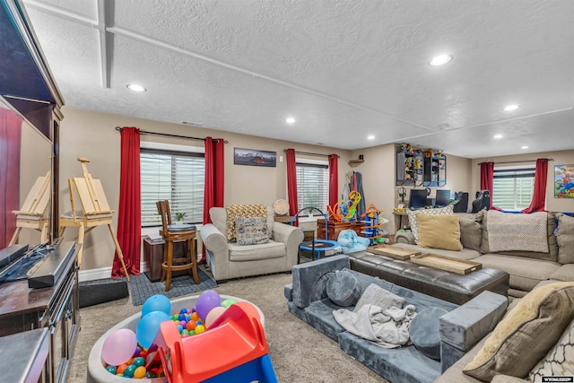3308 Brickyard Ave, Rock Springs, WY 82901 - living room featuring carpet, recessed lighting, and a textured ceiling