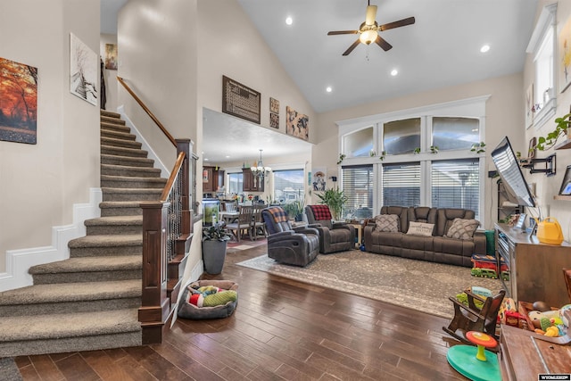 3308 Brickyard Ave, Rock Springs, WY 82901 - living room featuring stairs, ceiling fan, high vaulted ceiling, wood finished floors, and recessed lighting