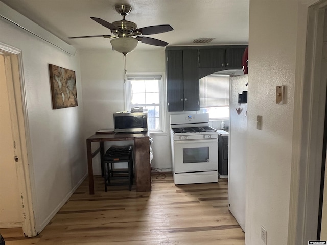 2617 E B St, Torrington, WY 82240 - kitchen with gas range gas stove, stainless steel microwave, light wood-style floors, and a ceiling fan