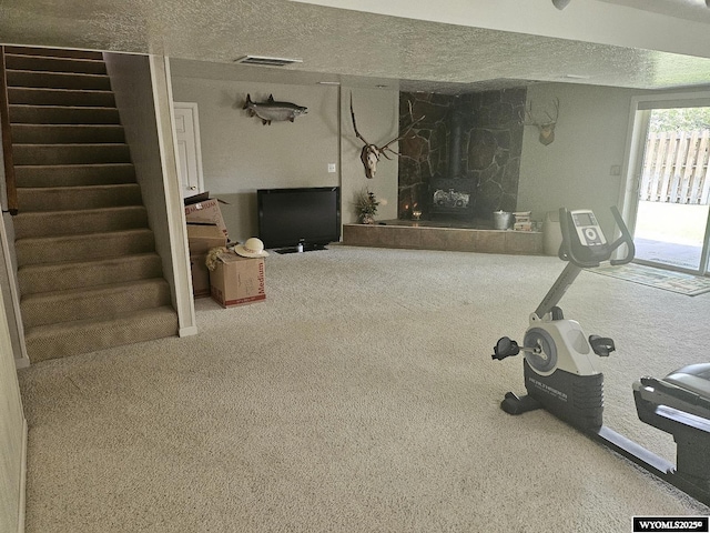 1150 Park View Dr, Green River, WY 82935 - workout area featuring carpet floors, a textured ceiling, and a stone fireplace