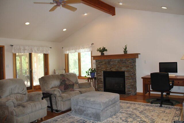 1540 Manor Dr, Casper, WY 82609 - living area featuring recessed lighting, ceiling fan, plenty of natural light, wood finished floors, and beamed ceiling
