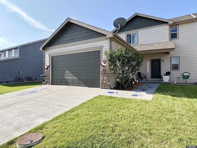 1261 Meadow Ln, Douglas, WY 82633 - view of front facade featuring concrete driveway, an attached garage, a front yard, and stone siding