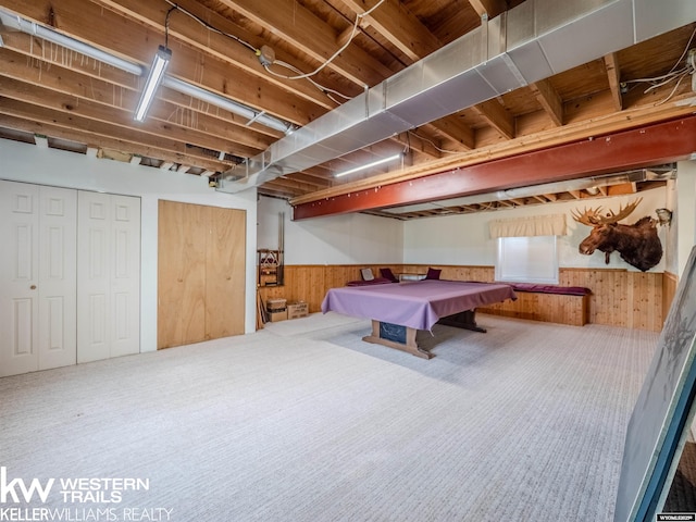 7459 Geary Dome Rd, Evansville, WY 82636 - rec room with wooden walls, a wainscoted wall, carpet flooring, and pool table