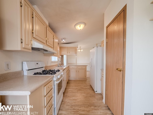 7459 Geary Dome Rd, Evansville, WY 82636 - kitchen featuring white appliances, under cabinet range hood, light wood-type flooring, and light countertops