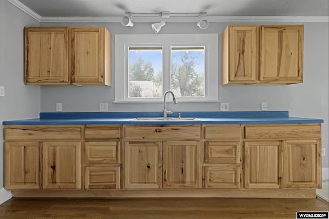 1041 S Mckinley St, Casper, WY 82601 - kitchen with crown molding, light brown cabinetry, and wood finished floors