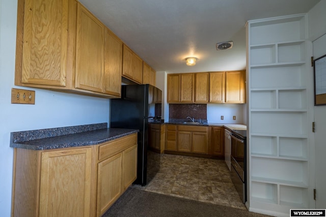 2841 E 4th St, Casper, WY 82609 - kitchen with freestanding refrigerator, stainless steel range with electric stovetop, dark countertops, and open shelves