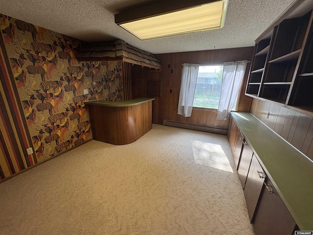 1501 N Federal Blvd, Riverton, WY 82501 - bar with a baseboard radiator, a textured ceiling, wooden walls, and light carpet