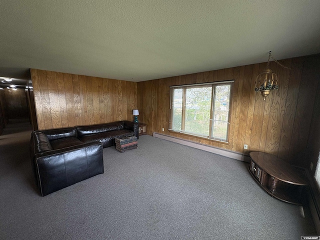 1501 N Federal Blvd, Riverton, WY 82501 - carpeted living area with wood walls, a textured ceiling, and a baseboard radiator