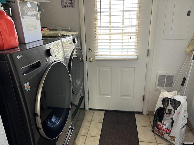 4359 Almy Rd Unit 107, Evanston, WY 82930 - laundry room featuring washer and dryer, electric panel, and light tile patterned floors