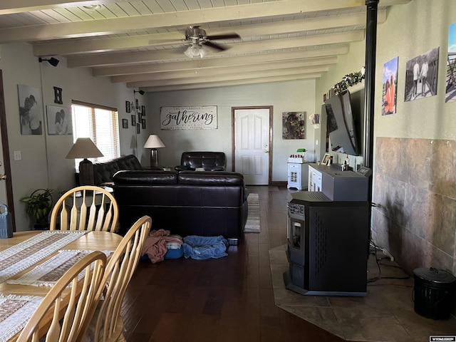 4359 Almy Rd Unit 107, Evanston, WY 82930 - living area with a wood stove, ceiling fan, a wooden ceiling with exposed beams, and wood finished floors