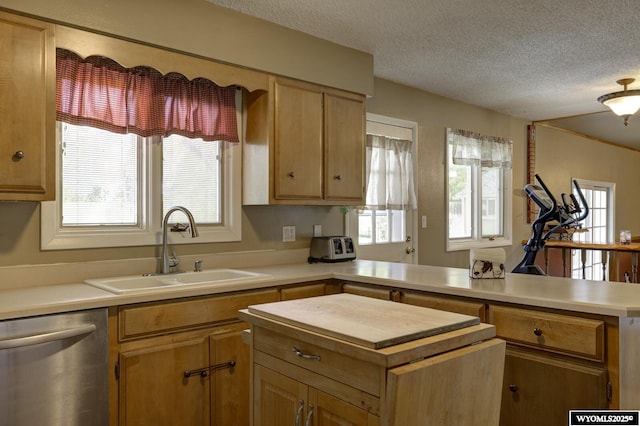 2203 W 42nd St, Casper, WY 82604 - kitchen featuring stainless steel dishwasher, light countertops, a peninsula, a textured ceiling, and healthy amount of natural light