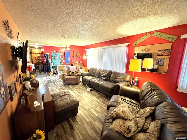 327 S Iowa Ave, Guernsey, WY 82214 - living area with a textured ceiling, wood finished floors, and a fireplace