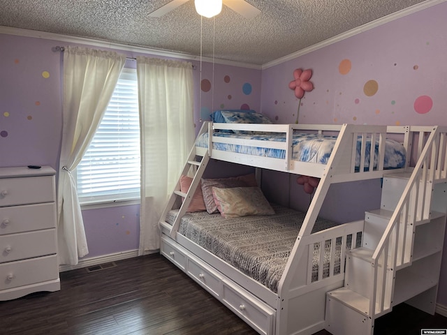 703 Randolph St, Rock Springs, WY 82901 - bedroom featuring a textured ceiling, ornamental molding, wood finished floors, and a ceiling fan