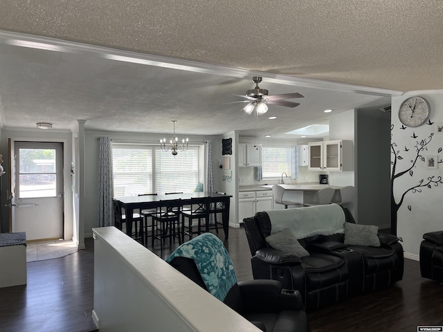 703 Randolph St, Rock Springs, WY 82901 - living area with a textured ceiling, ceiling fan, dark wood finished floors, a chandelier, and healthy amount of natural light