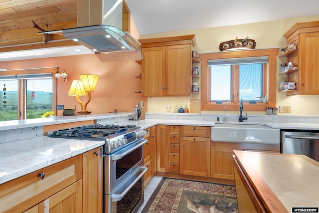 966 Mill Creek Rd, Evanston, WY 82930 - kitchen with appliances with stainless steel finishes, island range hood, open shelves, light stone countertops, and wooden ceiling