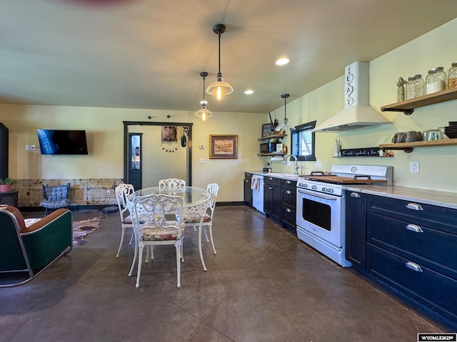 18 Lewis Dr, Lander, WY 82520 - kitchen featuring white gas range, open shelves, ventilation hood, finished concrete floors, and recessed lighting