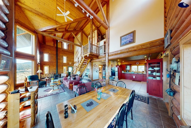 11 Heather Ln, Lander, WY 82520 - dining area with high vaulted ceiling, stairs, ceiling fan, and wood ceiling