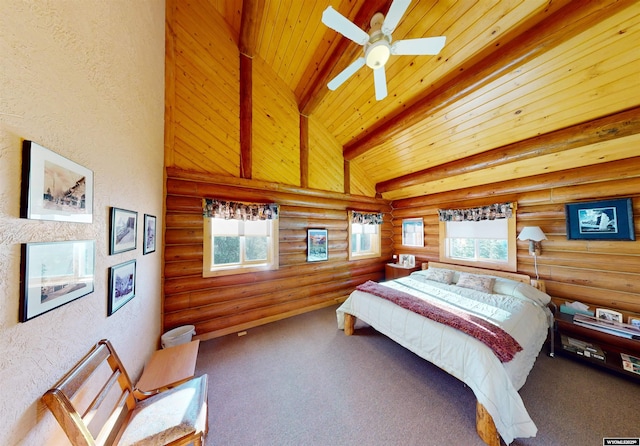 11 Heather Ln, Lander, WY 82520 - bedroom featuring rustic walls, a wooden ceiling with exposed beams, carpet, high vaulted ceiling, and a textured wall
